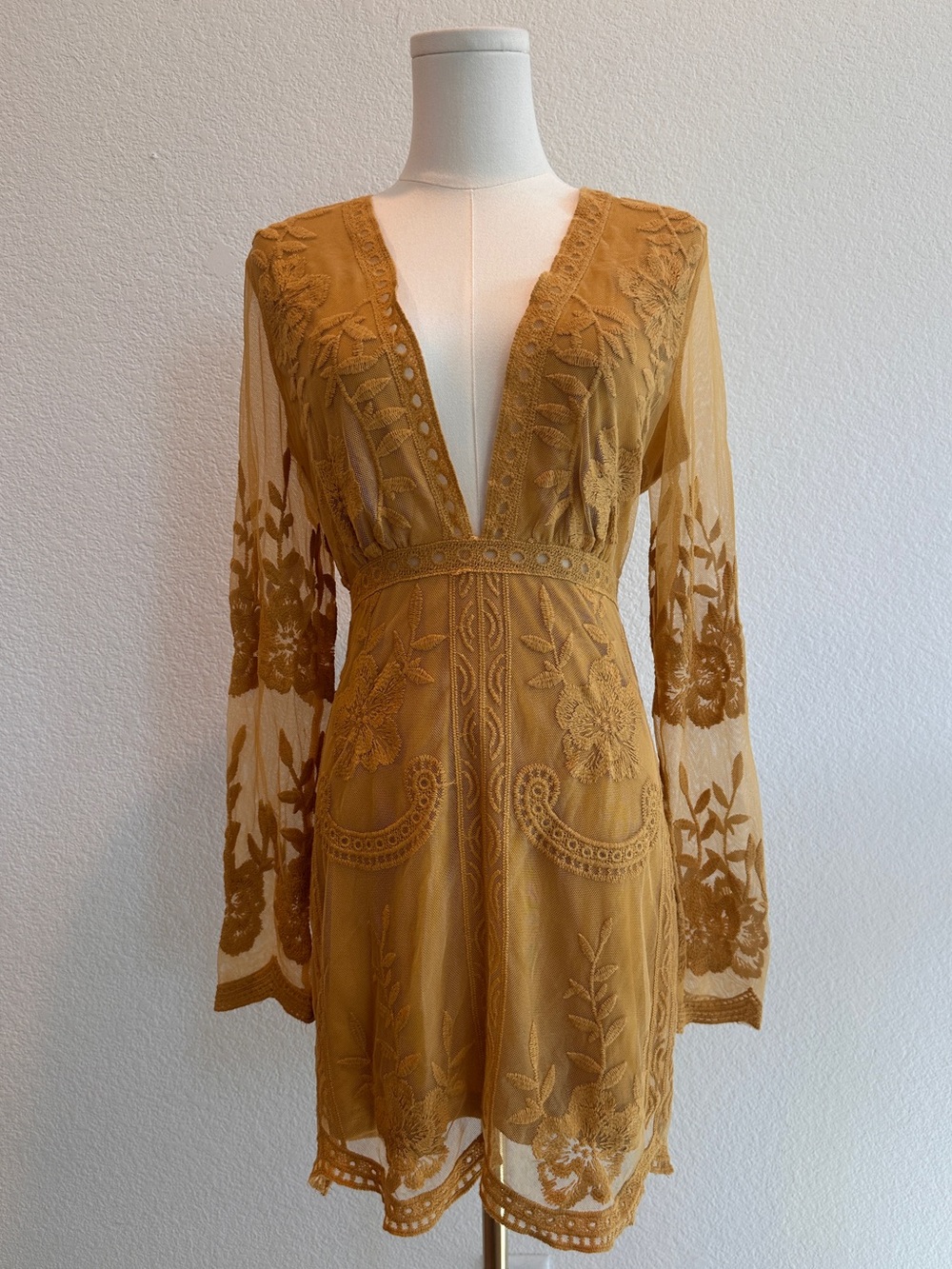 Honey Punch Mustard Floral Embroidered Mesh Boho Dress S